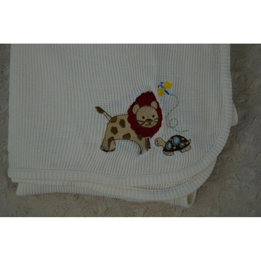 Bright Future Lion Turtle Thermal Baby Blanket Waffle Weave Cream Off White Tan